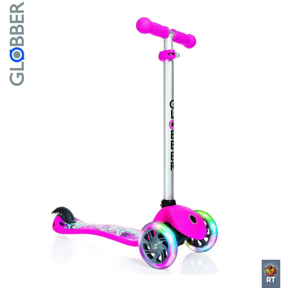 Самокат Globber Primo Fantasy 424-007 с 3 светящимися колесами Flowers Neon pink  